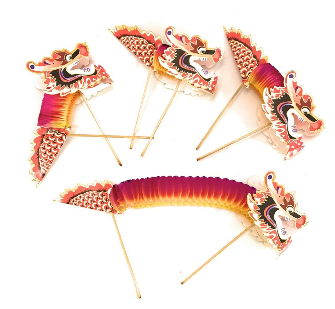 SET 4 Small or 2 Large Chinese Paper Dragon Puppets on Sticks Kids New Year Toy