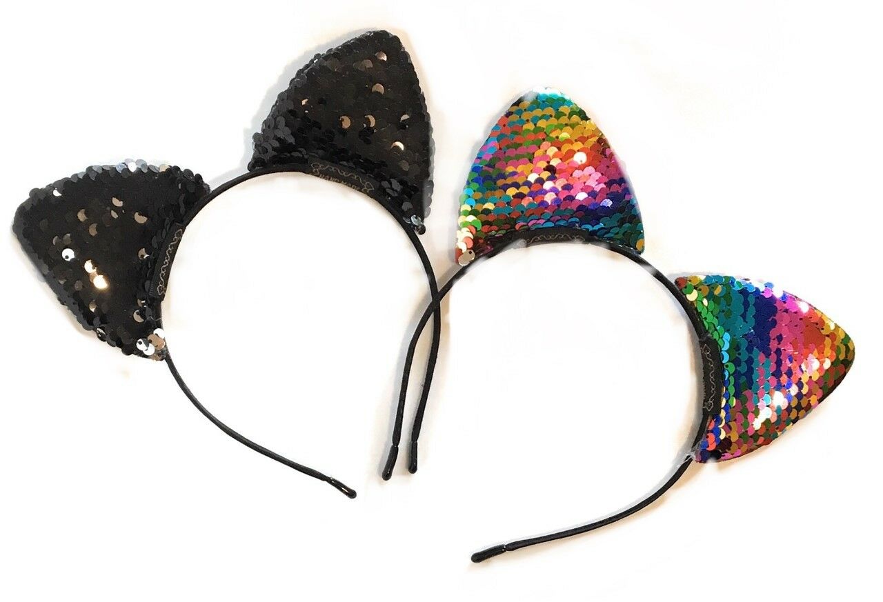 Sequin Girls Cat Ear Headband Satin Hairband Costume Fancy Dress Party Ears UK