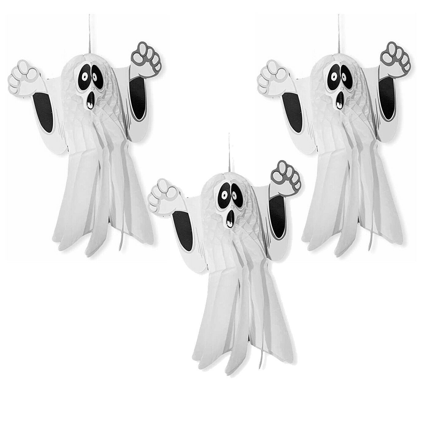 3 x Large Halloween Paper 3D Hanging Decorations Scary Black and White Ghost UK