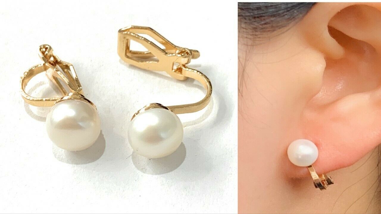 Gold Tone Real Natural Freshwater Pearl Classic Cream CLIP ON Earrings Studs UK