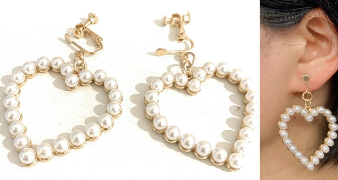 Girls' Women's Gold Pearl Hoop Hoops Heart Dangle Clip On Earrings Drop UK Gift