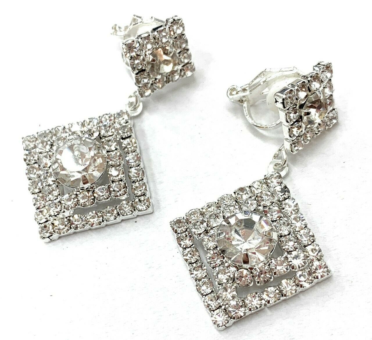 Silver Diamante Square Drop Dangle Clip On Earrings Crystal Bridal Non Pierced