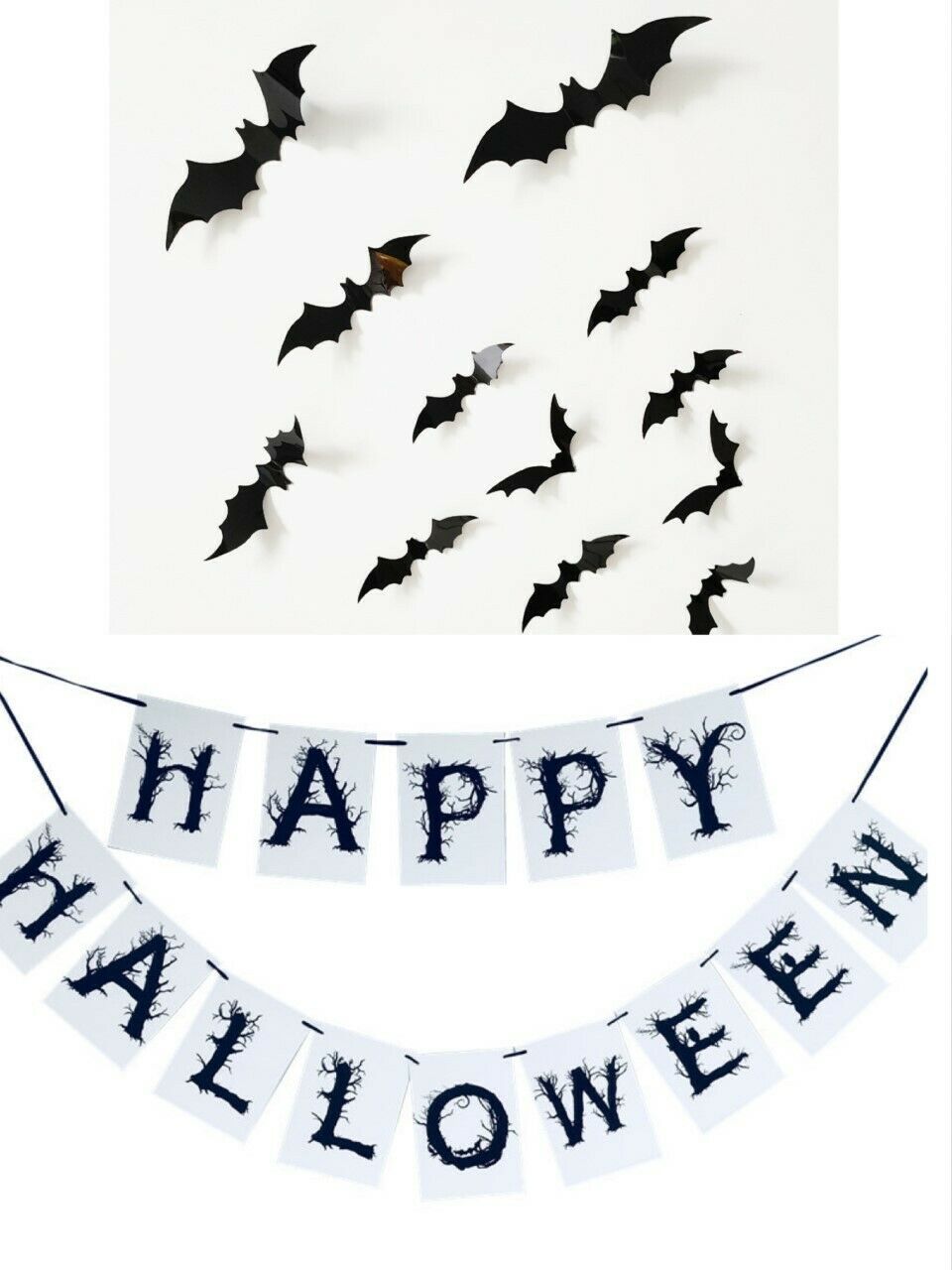 Black White Happy Halloween Bunting w/ 12 3D Bats Party Wall Decoration Bat Set