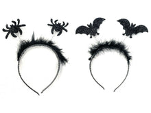 Load image into Gallery viewer, Black Feather Tinsel Spider / Bat Antennae Boppers Halloween Party Headband UK