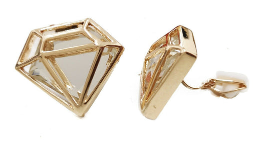 Girls Womans Gold Tone Diamand Shape Superwoman Diamante CLIP ON Earrings Studs