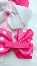 Load image into Gallery viewer, 7 Girls Polka Dot Pink White Navy Big Hair Bow Set with Bow Holder &amp; Gift Bag