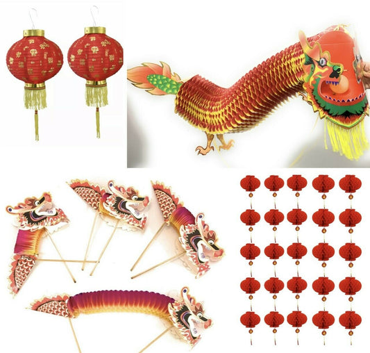 Mega 27 Pcs Chinese New Year Decorations Set Paper Puppet Dragon Silk Lantern UK