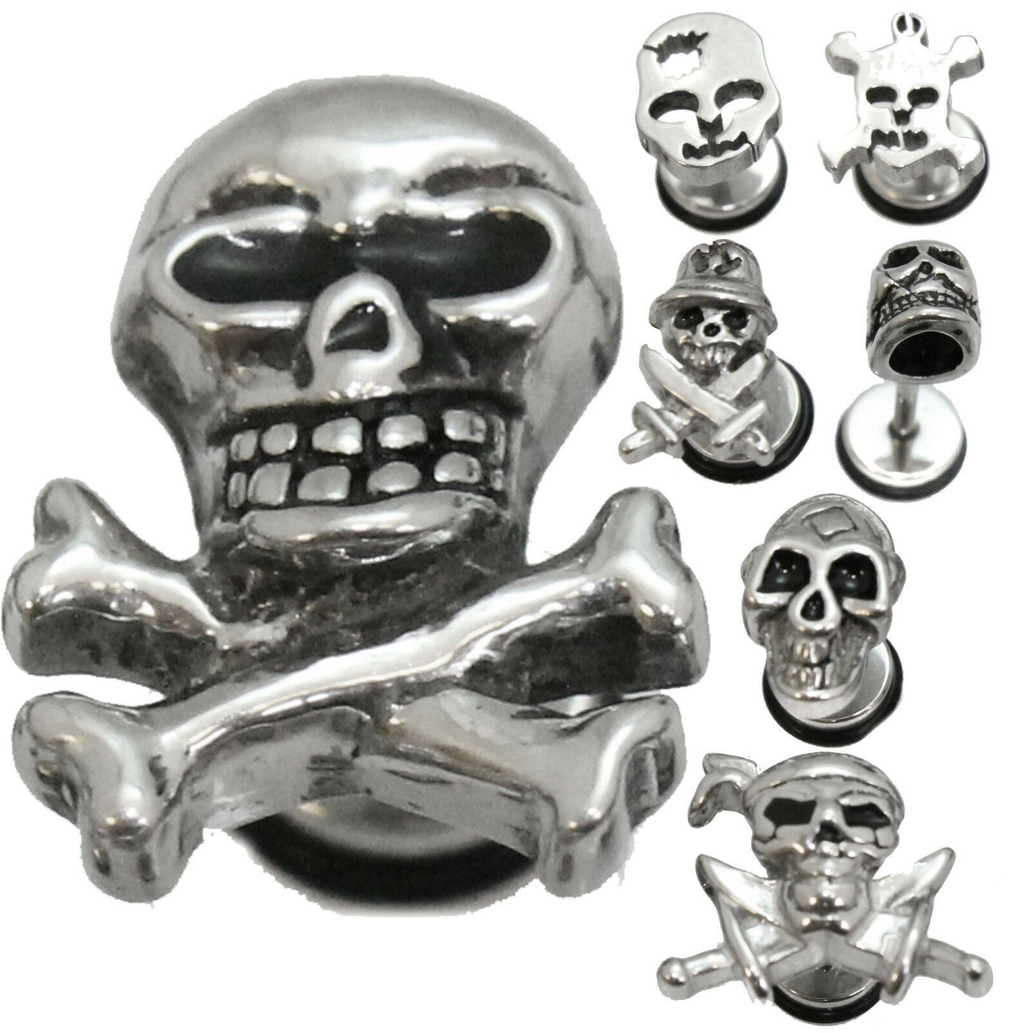 1 Skull Earring Surgical Stainless Steel Stud Body Jewelry Mens Silver Tone Gift