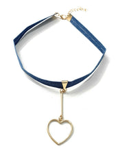 Load image into Gallery viewer, Classic Blue Denim Choker Necklace with Gold Tone Heart Pendant Party UK Gift