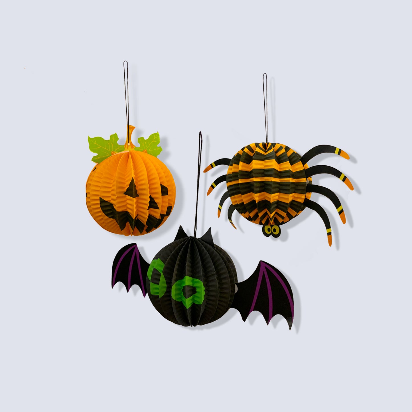 3 Set Small Halloween Paper 3D Hanging Decorations Scary Cute Pumpkin Bat Spider