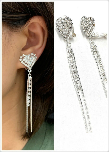 Silver Heart Diamante Long Dangle Tassel Clip On Earrings Crystal Non Pierced UK