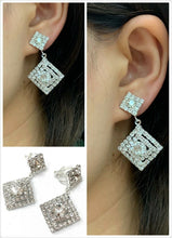 Load image into Gallery viewer, Silver Diamante Square Drop Dangle Clip On Earrings Crystal Bridal Non Pierced