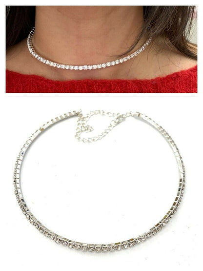 Classic Slim One Row Crystal Choker Necklace Silver Sparkly Diamante Party UK