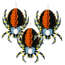 Load image into Gallery viewer, 3 x Large Halloween Paper 3D Hanging Decorations Scary Black Orange Blue Spider
