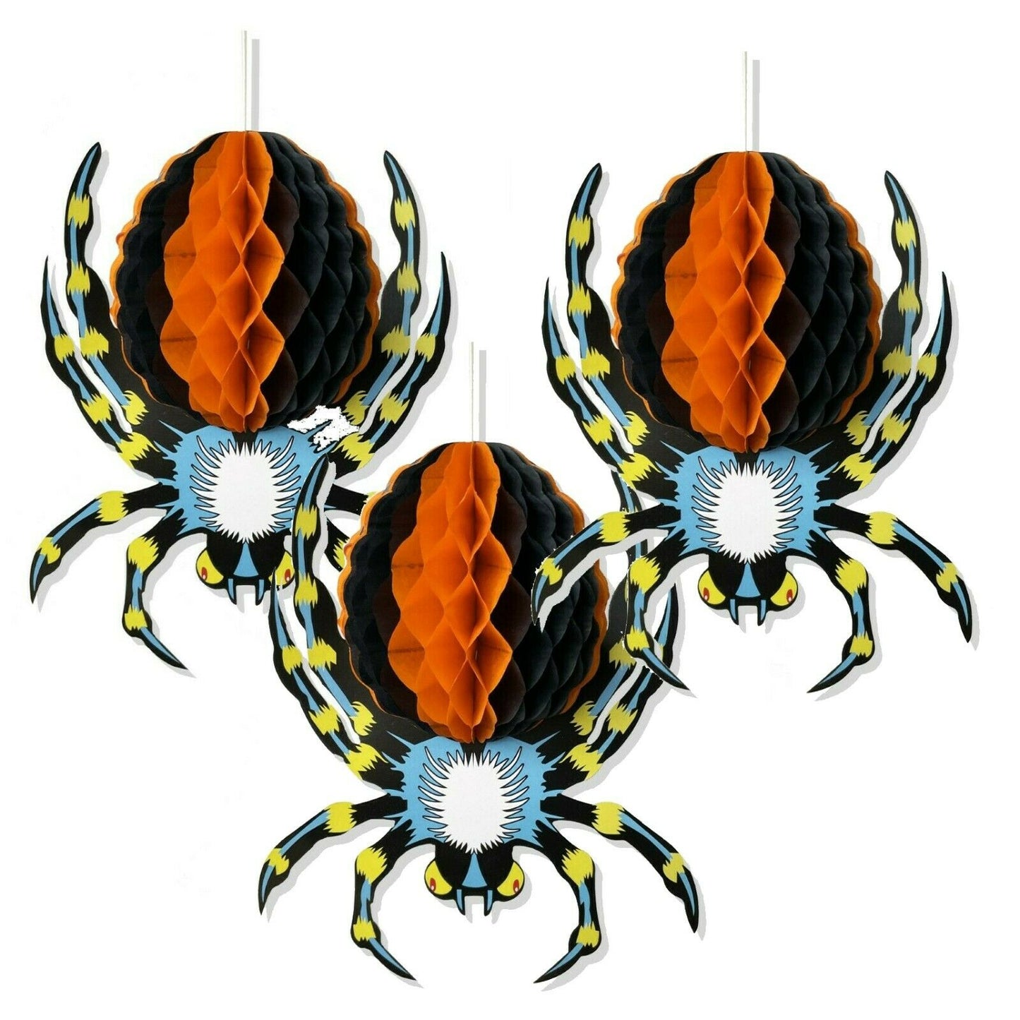 3 x Large Halloween Paper 3D Hanging Decorations Scary Black Orange Blue Spider