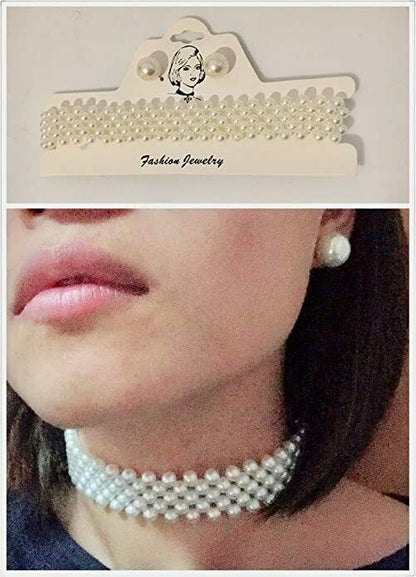 Classic Faux Pearl Wide Necklace Choker Earrings Studs Set Vintage Gatsby Collar