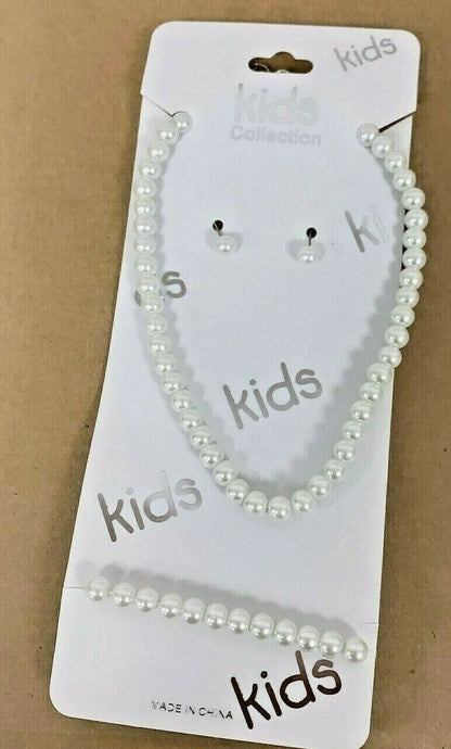 Children's Girls Kids Faux Pearl Necklace Bracelet Earrings Jewelry Set Gift UK