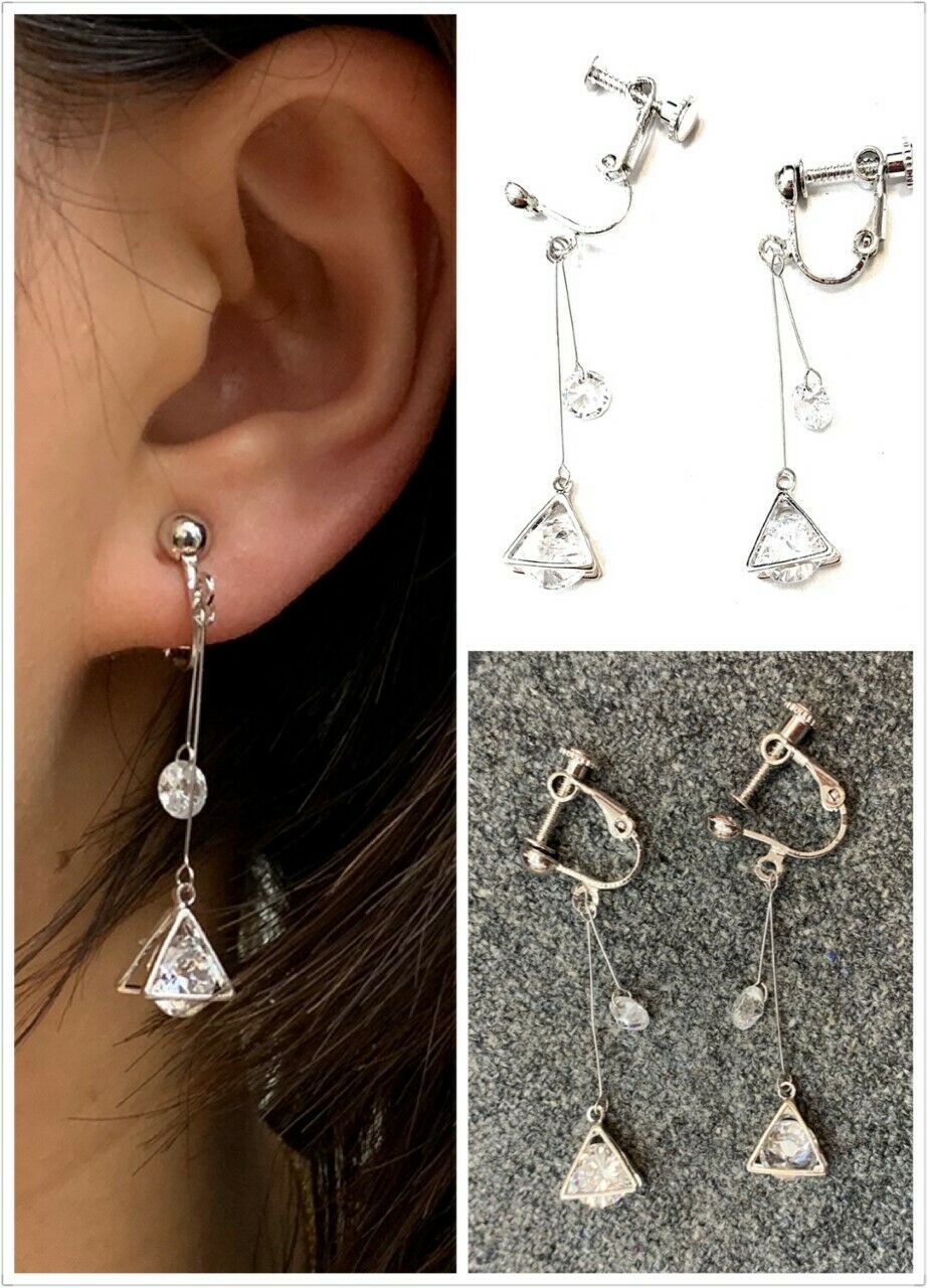 High Quality Silver Triangle Zircon Crystal Drop Dangle Screw Clip On Earrings