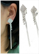 Load image into Gallery viewer, Silver Square Diamante Long Dangle Tassel Clip On Earrings Crystal Non Pierced
