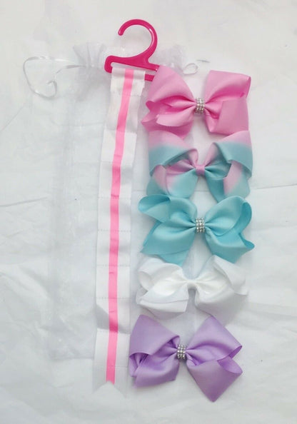 5 Girls Huge Big Hair Bow Set with Bow Holder & Gift Bag - Pink Blue Lilac White