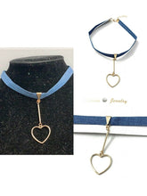 Load image into Gallery viewer, Classic Blue Denim Choker Necklace with Gold Tone Heart Pendant Party UK Gift
