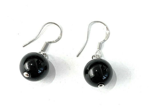 Women's Girls 925 Sterling Silver Earrings Classic Dangle Black Agate Stone Drop