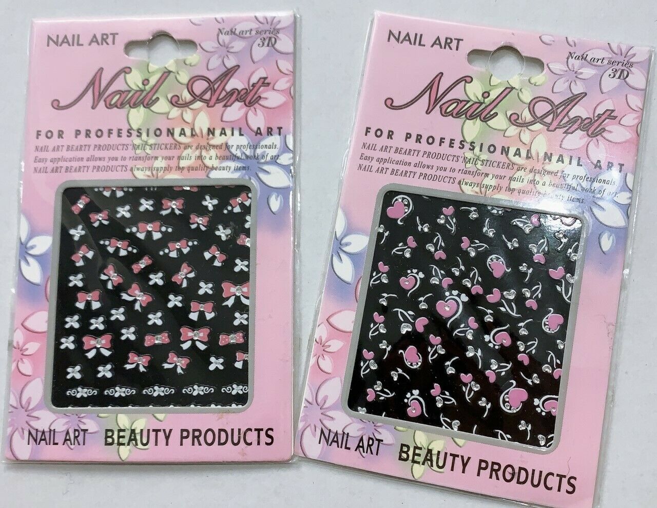 2 x Pack Nail Art Stickers Heart Bow Pink Crystal Glitter UK