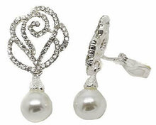 Load image into Gallery viewer, CLIP ON Dangle RHINESTONE Sparkly Rose Earrings Diamante Pearl Drop Bridal Party