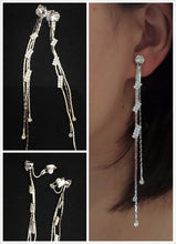 Load image into Gallery viewer, Silver Diamante Long Dangle Tassel Clip On Earrings Crystal Non Pierce UK Gift