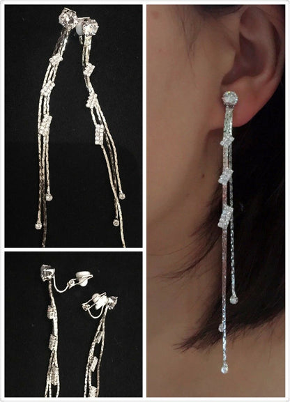 Silver Diamante Long Dangle Tassel Clip On Earrings Crystal Non Pierce UK Gift