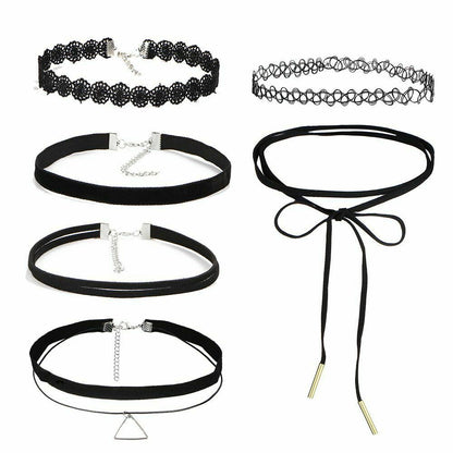 6 Girls Black Gothic Necklaces Choker - Lace Tattoo Velvet Bow Necklace Gift Set