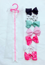Load image into Gallery viewer, 7 Girls Polka Dot Pink White Navy Big Hair Bow Set with Bow Holder &amp; Gift Bag