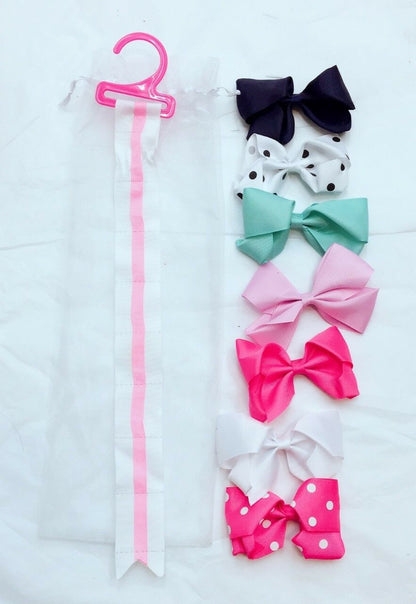 7 Girls Polka Dot Pink White Navy Big Hair Bow Set with Bow Holder & Gift Bag