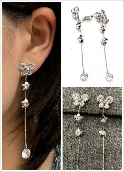 Silver Zircon Crystal Diamante Long Dangle Tassel Clip On Butterfly Earrings