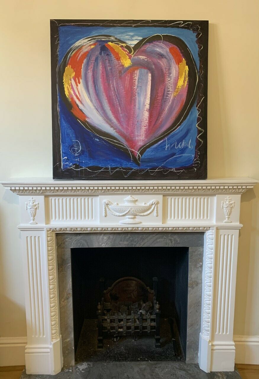 Large Stretched 80cm x 80cm Oil Painting on Canvas Wall Art Blue Heart Love UK