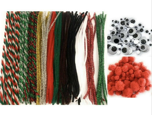 320Pcs Christmas Pipe Cleaners Craft Set Chenille Stems Googly Eyes Red Pom Poms