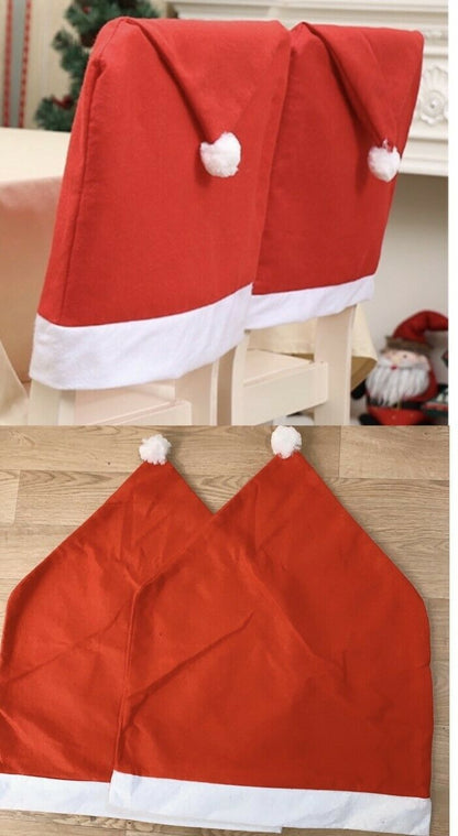 2 x (A Pair) Christmas Santa Hat Dining Chair Back Covers Xmas Party Decorations