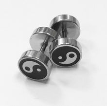 Load image into Gallery viewer, Pair Men's Women's Stainless Steel Silver Black Ying Yang Screw Plug Earrings