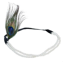 Load image into Gallery viewer, Gatsby Hair Accessories 1920s Flapper White Pearl Bead Headband Peacock Feather