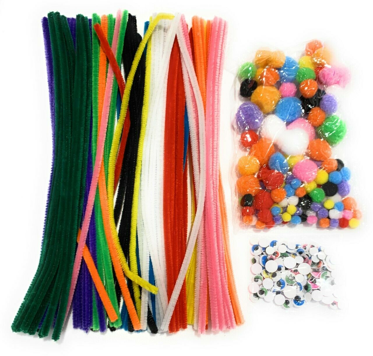 300 Pcs Assorted Pipe Cleaners Chenille Stems Pom Poms Googly Eyes Pack Set Gift