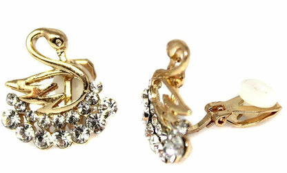 Stud CLIP ON Earrings Gold Plated Crystal Swan Womens Girls CZ Gatsby Ballet