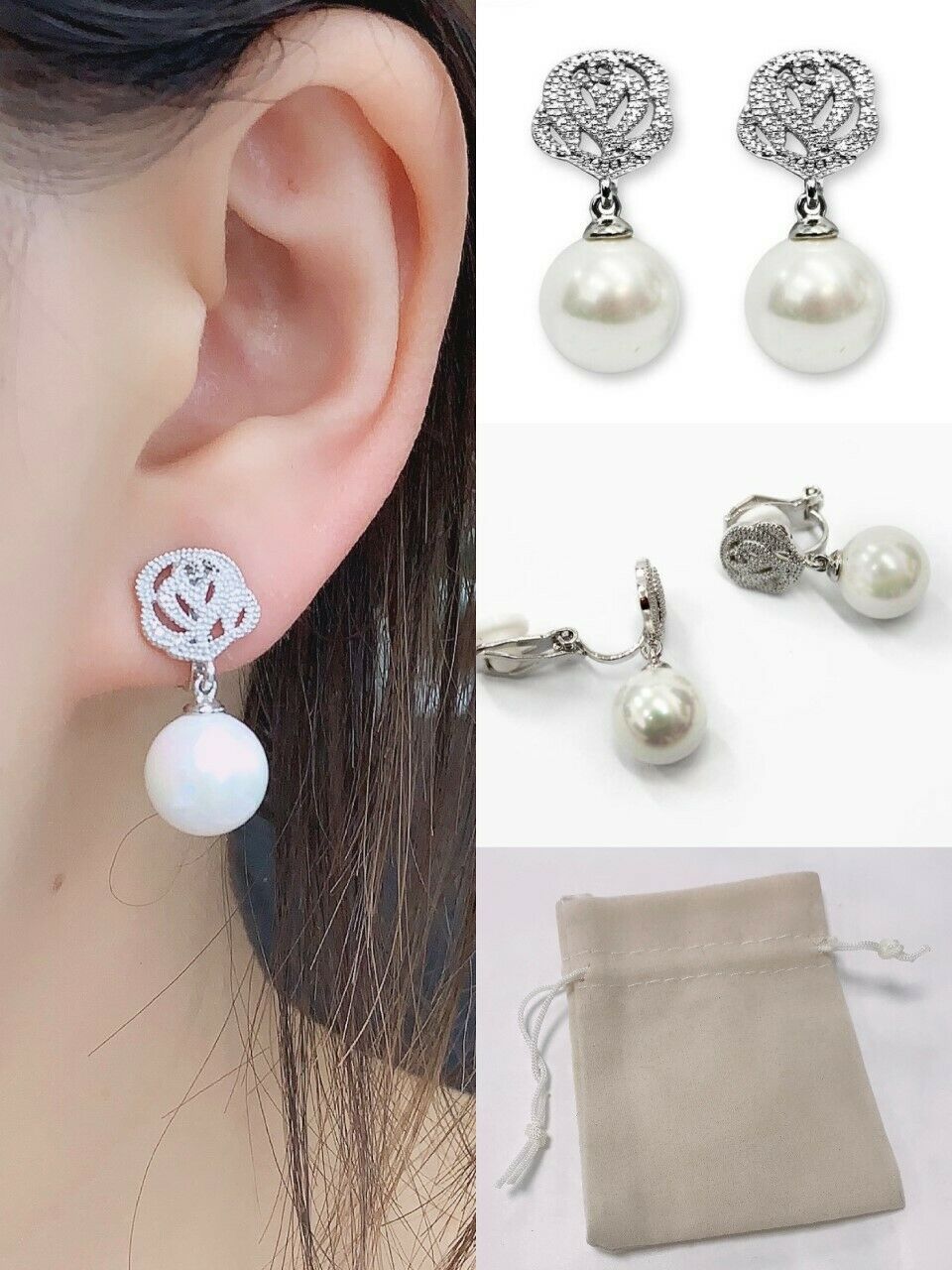 Natural Shell Pearl Drop Rose Clip On Earrings Bridal Non Pierced in Gift Bag