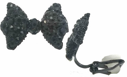 CLIP ON crystal Bow flower EARRINGS Black non-pierced rhinestone clips  Gatsby