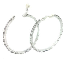 Load image into Gallery viewer, 5.5cm Silver CLIP ON Fake Pierce-Look DIAMANTE crystal Hoops Comfy HOOP EARRINGS