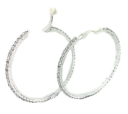 5.5cm Silver CLIP ON Fake Pierce-Look DIAMANTE crystal Hoops Comfy HOOP EARRINGS