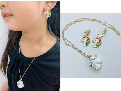 Girls Unicorn Necklace Chain and CLIP ON Earrings Gift Set Xmas Stocking Filler