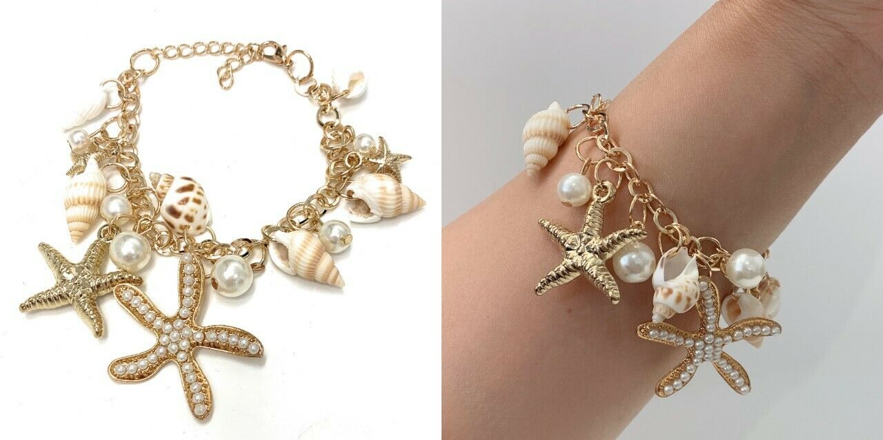 Gold Sea Shell Faux Pearl Beads Starfish Charms Statement Bracelet Chain Gift UK