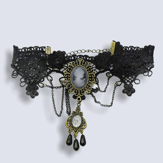 Gothic Black Cameo Pendant Lace Bib Necklace Collar Choker Halloween Vintage Vampire