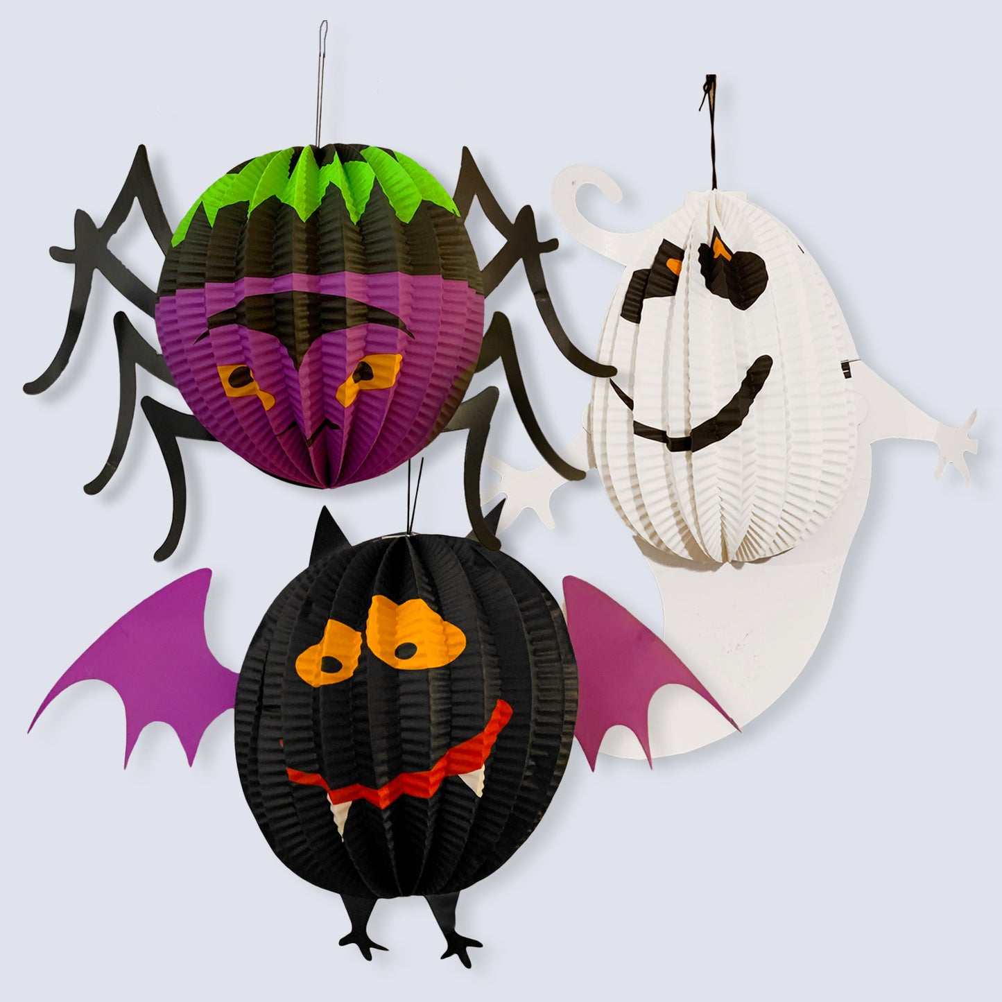 3 Set Medium Halloween Paper 3D Hanging Decorations Scary Cute Ghost Spider Bat