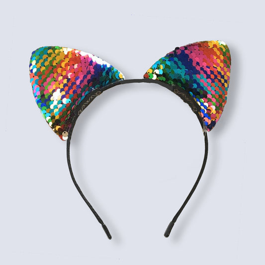 Sequin Girls Rainbow Cat Ears Headband Halloween Hairband Costume Fancy Dress Party